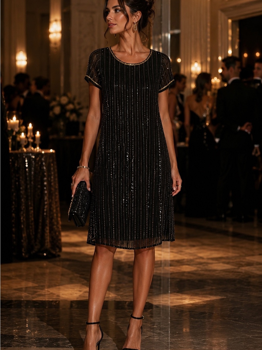 Black Semi Sheer Chiffon Mini Dress Beaded Cocktail Party Formal Quiet Luxury 2